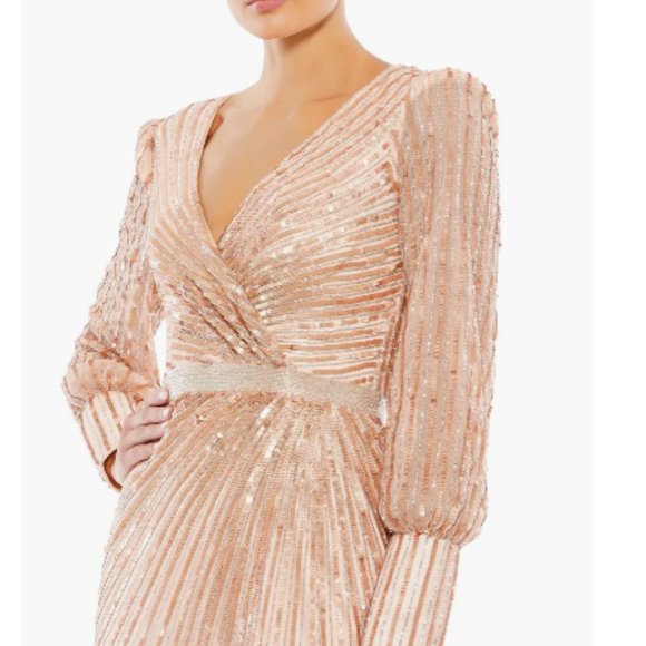 MAC DUGGAL 5501 SEQUINED WRAPOVER BISHOP SLEEVE COPPER GOWN sz 8 - Picture 2 of 3